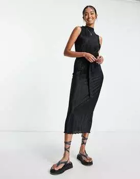 Черное плиссированное платье миди без рукавов с поясом ASOS DESIGN