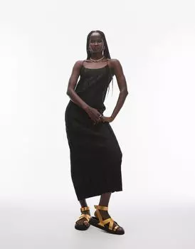 Черное плиссированное платье миди с жатыми бретельками Topshop