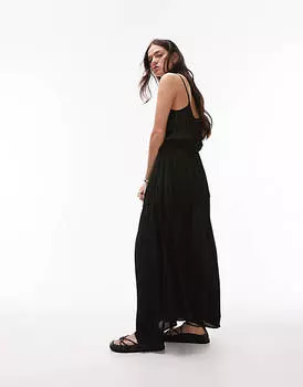 Черное пляжное платье макси со сборками и завязками по бокам Topshop