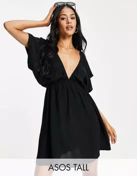 Черное пляжное платье мини ASOS DESIGN Tall с пышными рукавами