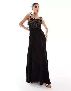 Черное ярусное платье макси с верхом крючком River Island