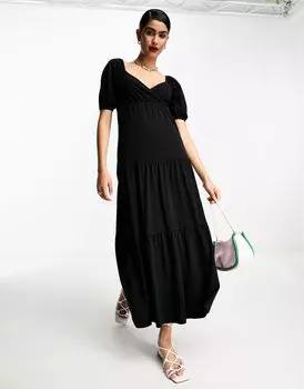 Черное ярусное платье с запахом и короткими рукавами ASOS