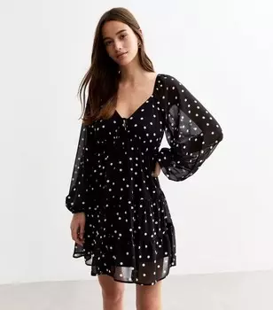 Черное шифоновое мини-платье в горошек New Look, черный