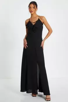Черное шифоновое платье макси с рюшами и бретельками QUIZ Clothing