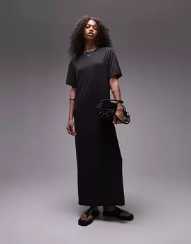 Черное супермягкое платье-футболка миди с закрученной спинкой Topshop Premium
