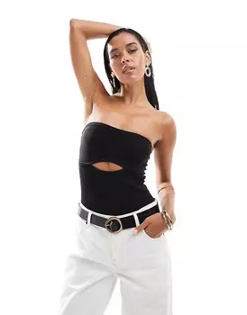 Черное трикотажное боди в рубчик с вырезом спереди Bershka