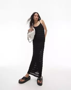 Черное трикотажное платье миди в прозрачную полоску Topshop