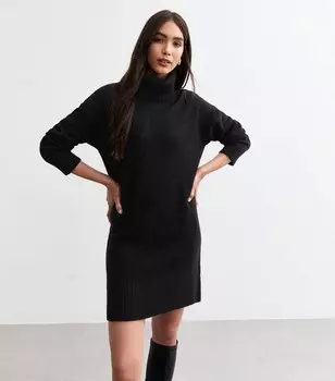 Черное вязаное мини-платье-джемпер с высоким воротником New Look, черный