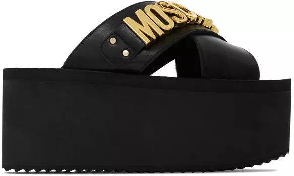 Черные босоножки на танкетке с надписью Logo Moschino
