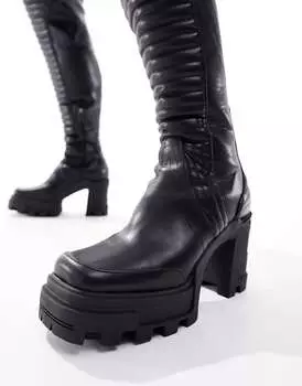 Черные ботфорты на каблуке из искусственной кожи ASOS