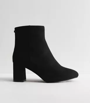 Черные ботильоны на каблуке с эффектом замши широкого кроя New Look, черный