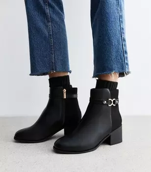 Черные кожаные ботильоны на блочном каблуке широкого кроя New Look, черный
