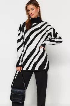 Черный экрю вязаный свитер в полоску с животным узором Trendyol Modest