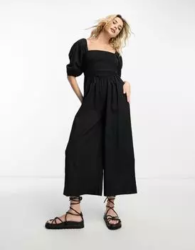 Черный комбинезон с льняным лифом и пышными рукавами ASOS DESIGN