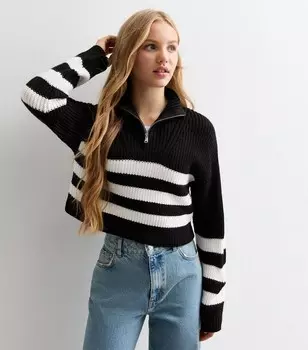 Черный полосатый вязаный джемпер с полумолнией для девочек New Look, черный