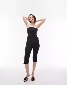 Черный приталенный топ без бретелек с отстрочкой Topshop
