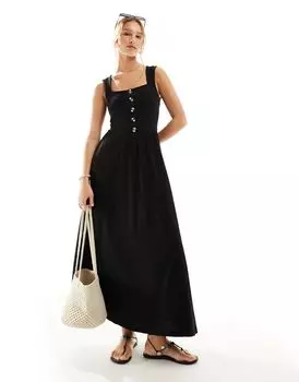 Черный сарафан миди с квадратным вырезом и пуговицами ASOS DESIGN