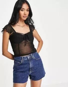 Черный сетчатый топ с корсетом и кружевной отделкой Topshop