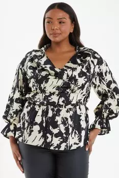 Черный топ с ацтекским принтом Curve Peplum QUIZ Clothing