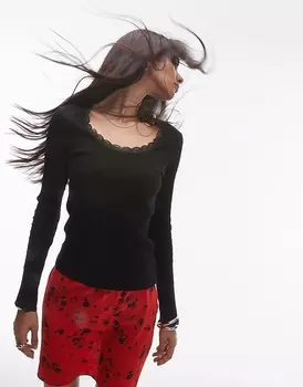 Черный топ с длинными рукавами и кружевной отделкой Topshop