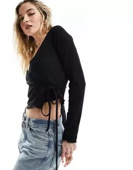 Черный топ в рубчик с запахом и кружевной отделкой Miss Selfridge