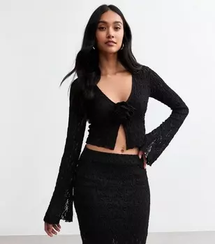 Черный укороченный кружевной топ с фактурным корсажем New Look, черный