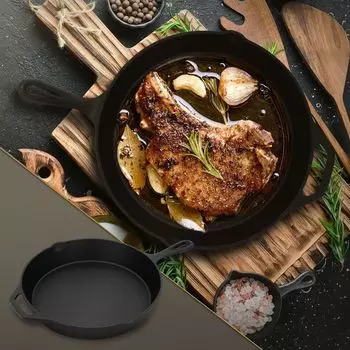 Чугунная сковорода BBQ#BOSS, диаметр 31 см, черная, вкл. двойную ручку и носик, круглая железная сковорода, антипригарное покрытие, жаровня, чугунная сковорода, сковорода-гриль, сковорода для стейков для духовки, плиты и гриля