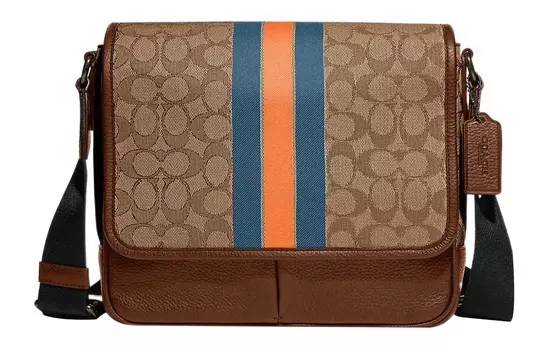 COACH Сумка через плечо Thompson Fabric с зернистой кожей, мужская, среднего размера, коричневого, оранжевого и синего цветов