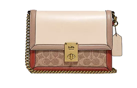 COACH Сумка Hutton Leather Small Square Bag на цепочке, женская, коричневого, белого и разноцветного цветов, через плечо