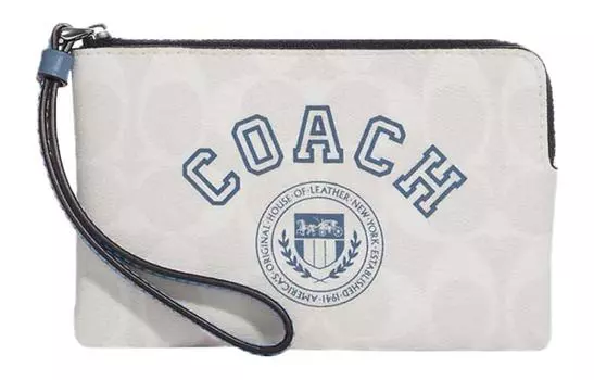 COACH Сумка-клатч на запястье из холста с угловой молнией, маленькие, женская, цвета мела, белый и индиго