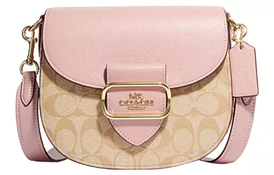 COACH Сумка-седло из холста Морган с овчиной, сумка через плечо, маленькая, женская, цвета хаки, монограмма и розовый