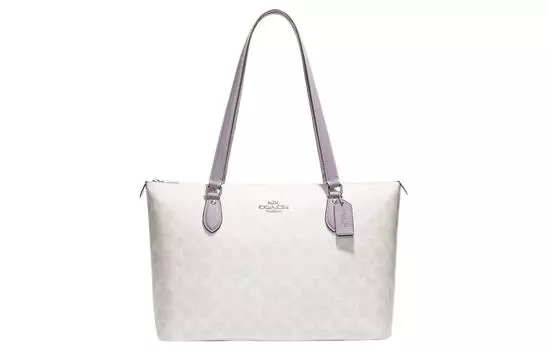COACH Сумка-шоппер Gallery Canvas с кожаной сумкой, сумка для покупок, дамская сумочка, сумка через плечо, женская, цвета слоновой кости, белая и фиолетовая