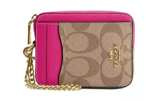 COACH Женский мини-чехол для карт из холста с кожаным держателем для карт, цвета хаки и вишнево-красный