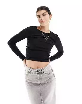 Cotton On – черный топ в рубчик с круглым вырезом и длинными рукавами Cotton:On
