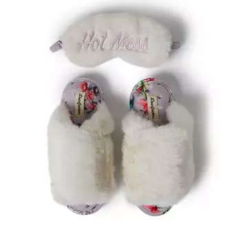 Dearfoams женские шлепанцы Louise Furry Cross Band с маской для глаз, цвет muslin