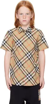 Детская бежевая клетчатая хлопковая рубашка Burberry, Sand