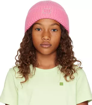 Детская розовая шапочка с логотипом и изображением лица Acne Studios