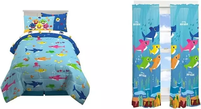 Детское постельное белье Franco Baby Shark, супермягкое двойное одеяло из 5 предметов, комплект простыни и штор, Baby Shark