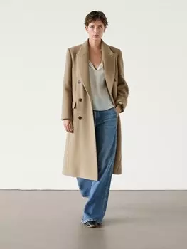 Длинное двубортное пальто из смесовой шерсти Massimo Dutti, коричневый