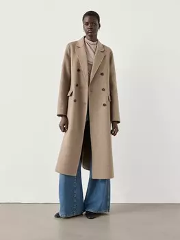 Длинное двубортное пальто из смесовой шерсти Massimo Dutti, коричневый