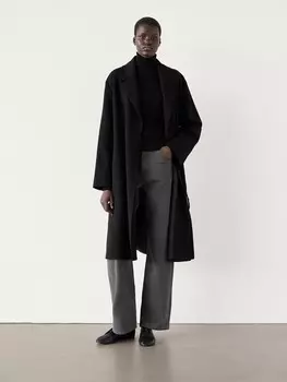 Длинное пальто из 100% шерсти с поясом Massimo Dutti, черный