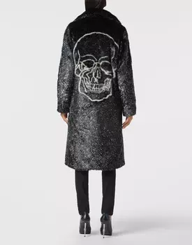 Длинное пальто из эко-меха с черепом Philipp Plein, черный