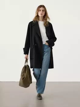 Длинное пальто макси из смесовой шерсти Massimo Dutti, черный