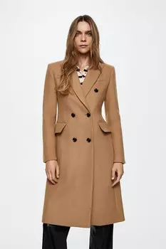 Длинное пальто Помада с шерстью Mango, коричневый