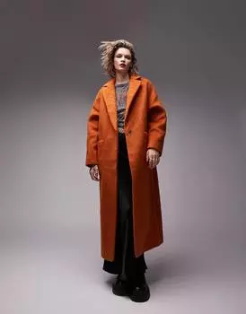 Длинное пальто с начесом Topshop ярко-оранжевого цвета с накладными карманами