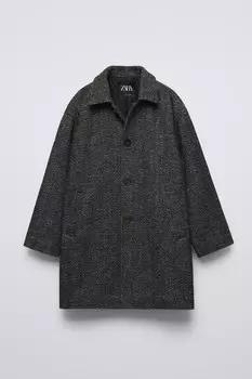 Длинное пальто в елочку ZARA, антрацитово-серый