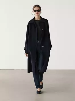 Длинное пальто в тонкую полоску из смесовой шерсти Massimo Dutti, синий