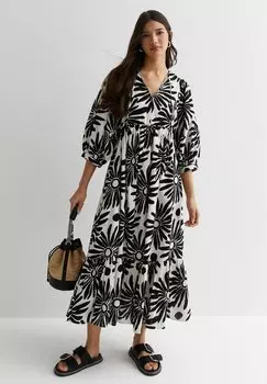 Длинное платье Graphic Flower V Neck Tiered Midi Smock New Look, кремово-белый