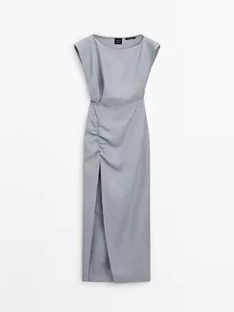 Длинное платье со сборками Massimo Dutti, серый