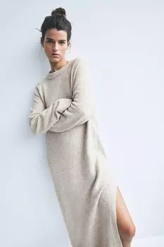 Длинное трикотажное платье H&M, бежевый